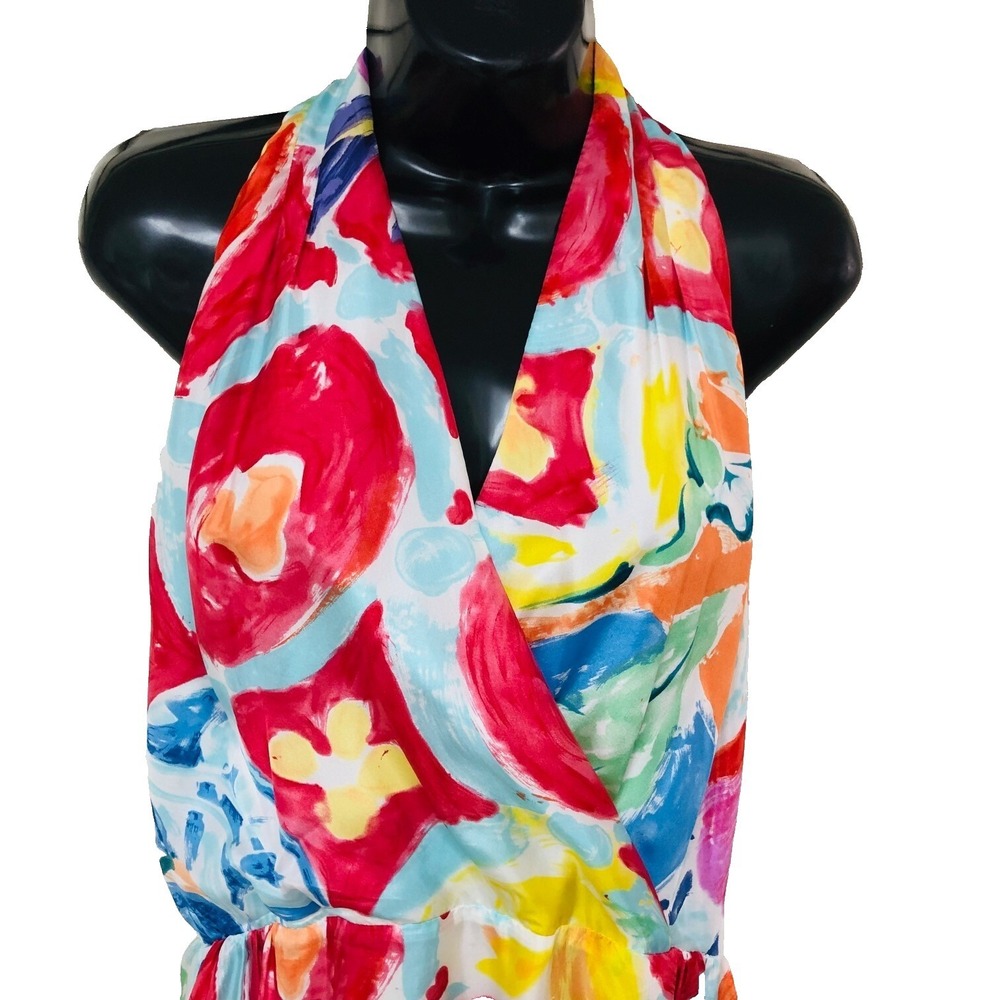 Y2K Lauren Ralph Lauren Babydoll Silk Halter Maxi Dress BOHO Sexy Tier Womens 12